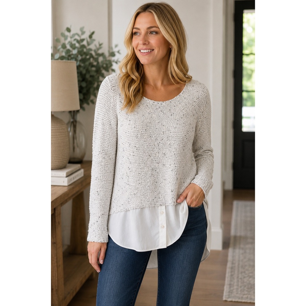 Allison Joy Salt and Pepper Layered Look Sweater White Faux Shirt Hem Large
